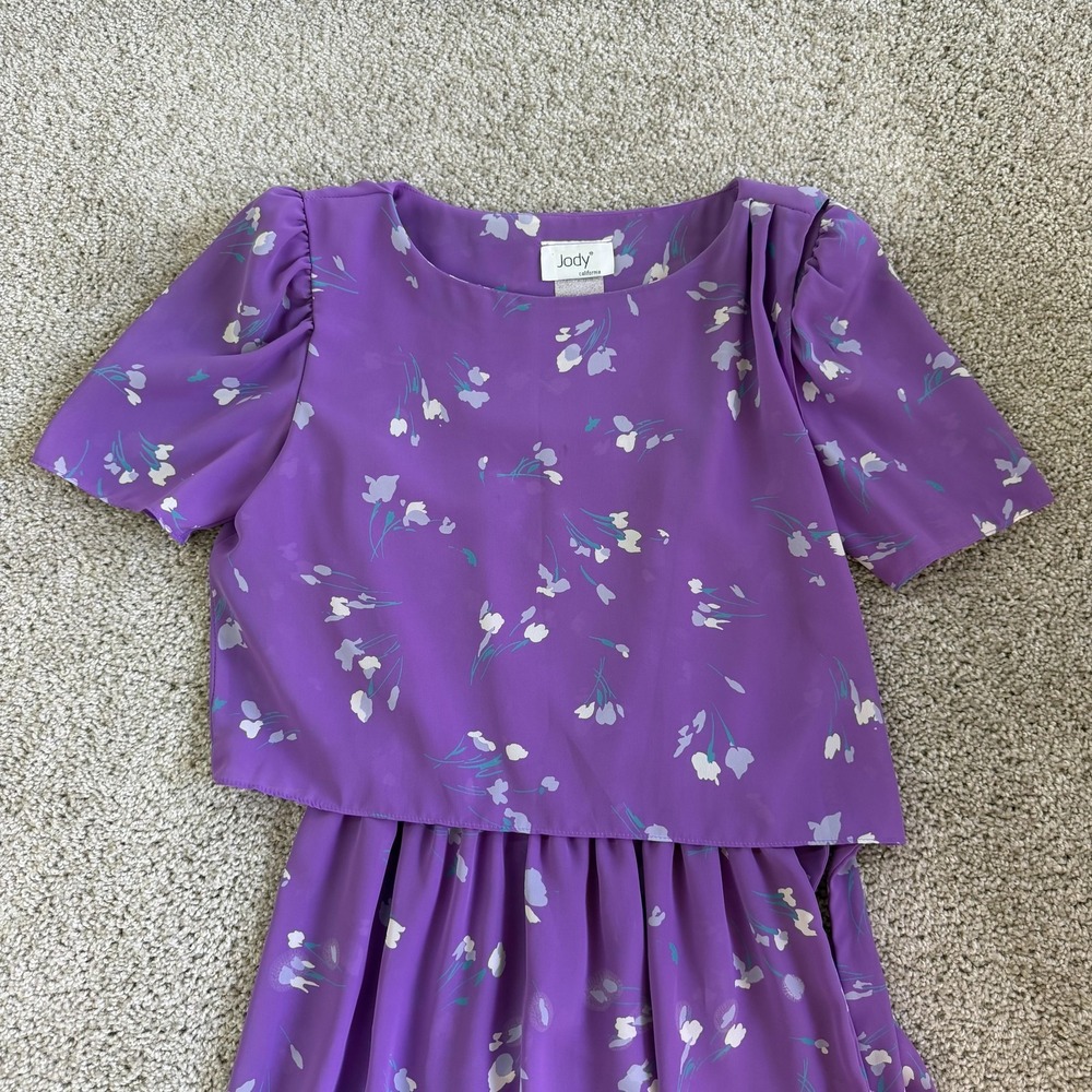 Vintage Jody California Dress Womens 11/12 Purple Floral Fit & Flare Belted Midi
